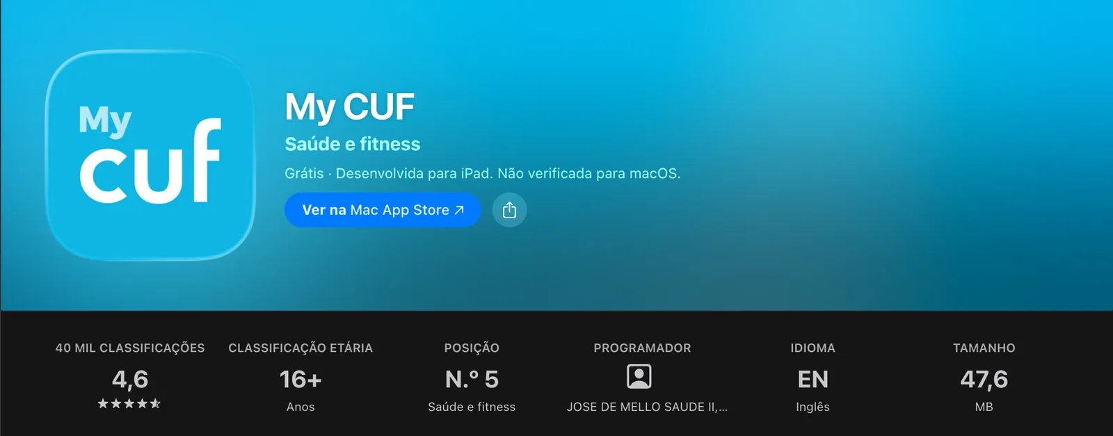 Ficha do My CUF na App Store portuguesa, com 40 mil classificações, 4,6 estrelas e posição número 5 em Saúde e fitness