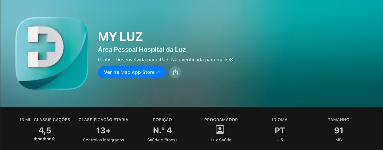 Ficha do MY LUZ na App Store portuguesa, com 13 mil classificações, 4,5 estrelas e posição número 4 em Saúde e fitness