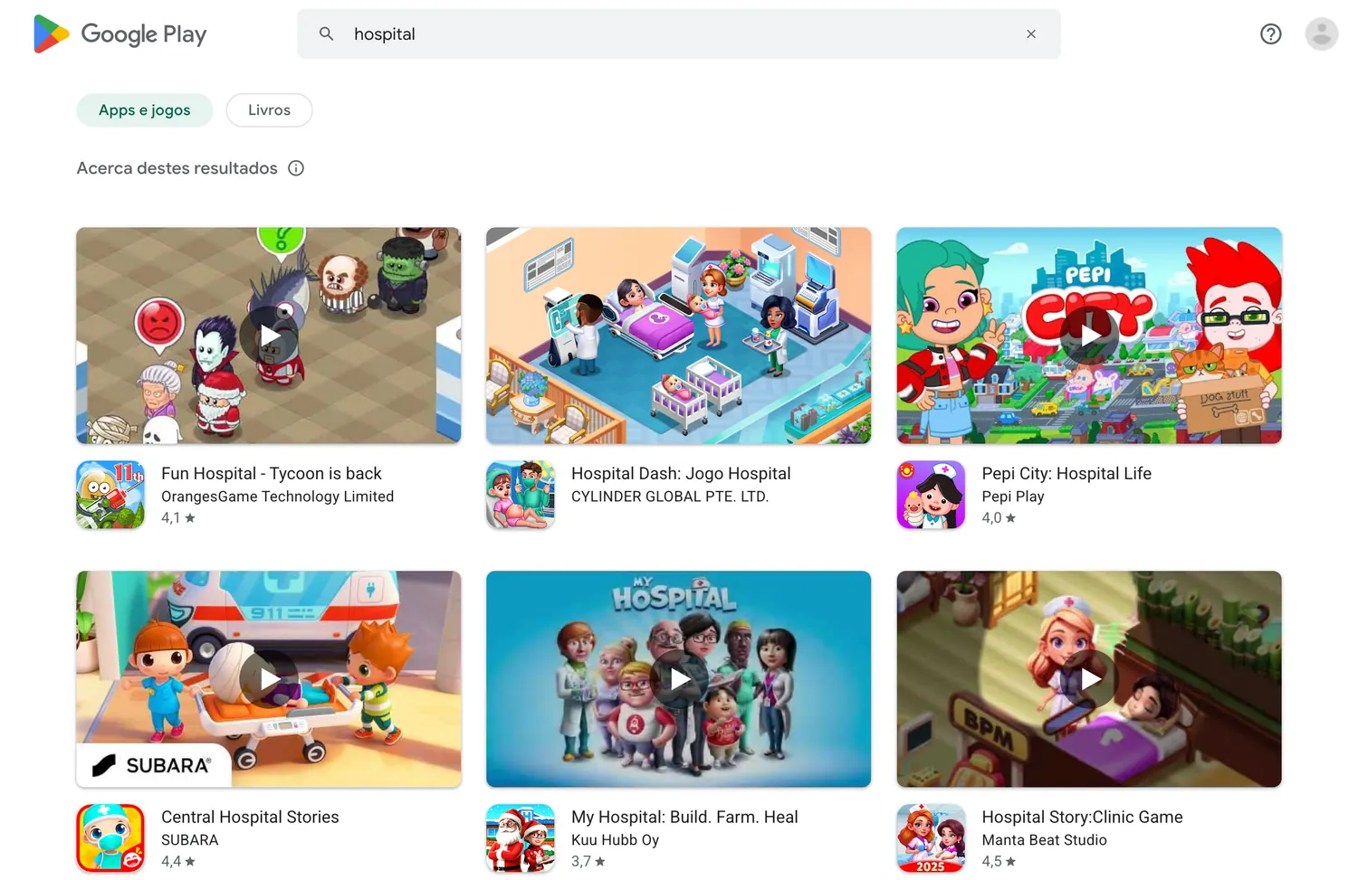Resultados da pesquisa por hospital na Google Play portuguesa: nove jogos de gerir hospitais