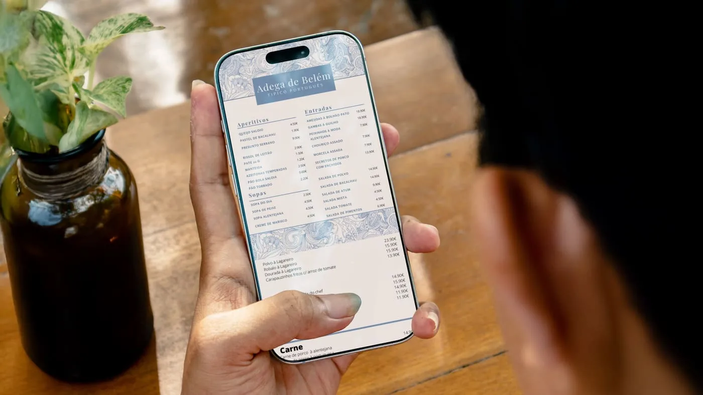 Menu digital da Adega de Belém aberto num telemóvel