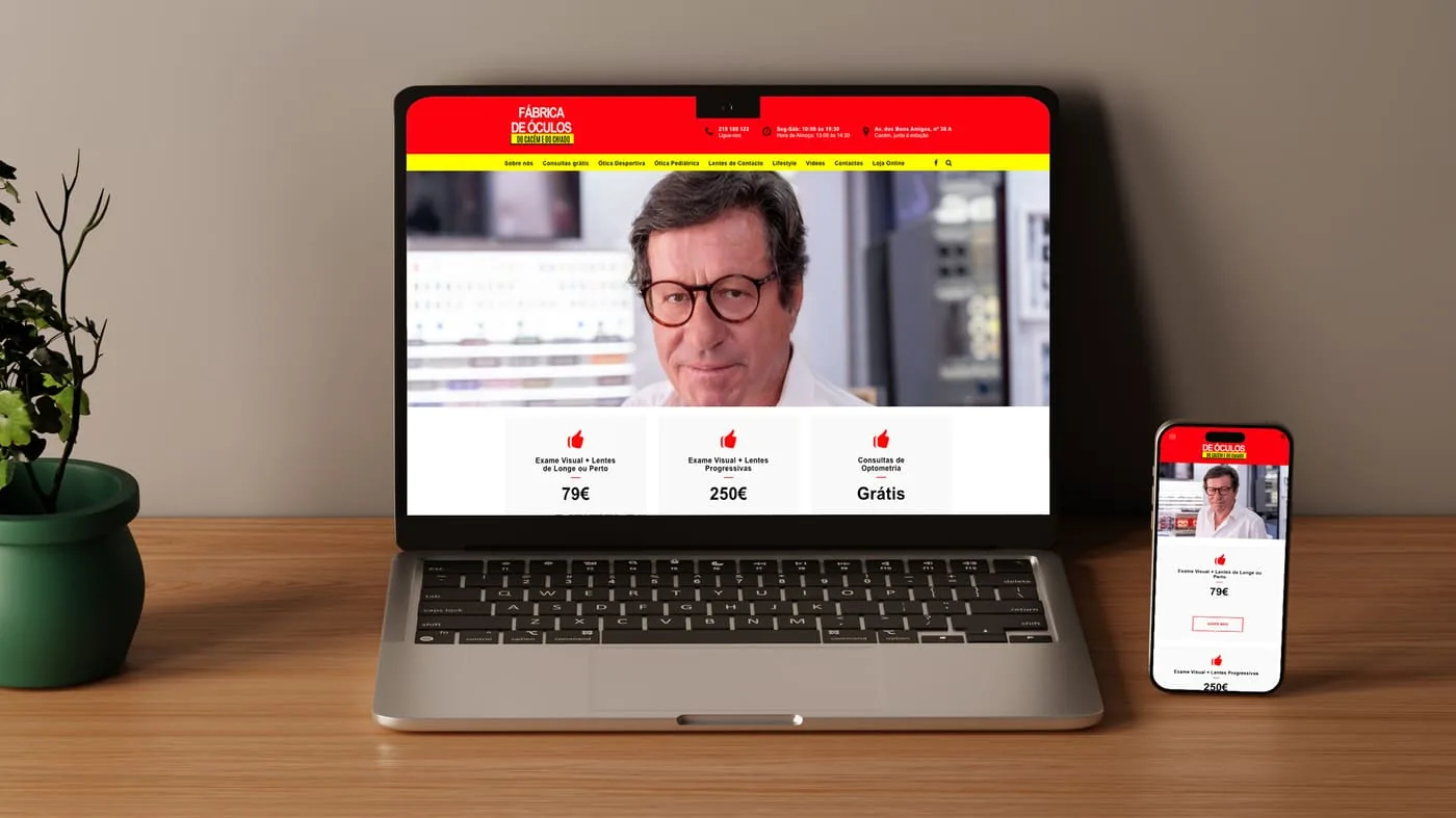 Website da Fábrica de Óculos do Cacém, apresentado num portátil