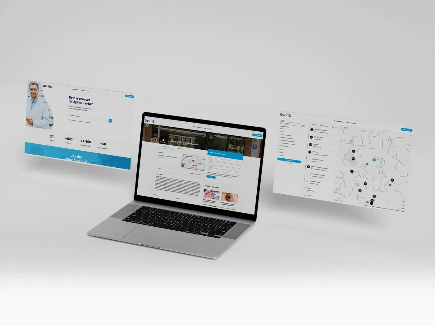 Website da Oculio apresentado num portátil, com pesquisa de óticas por localização