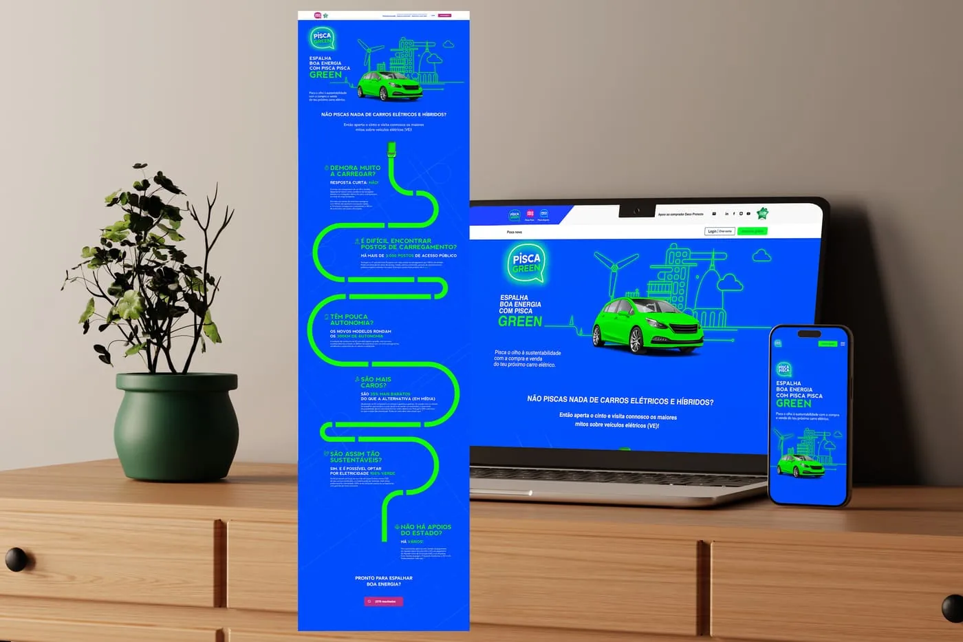Landing page Pisca Green sobre mitos e verdades dos carros elétricos