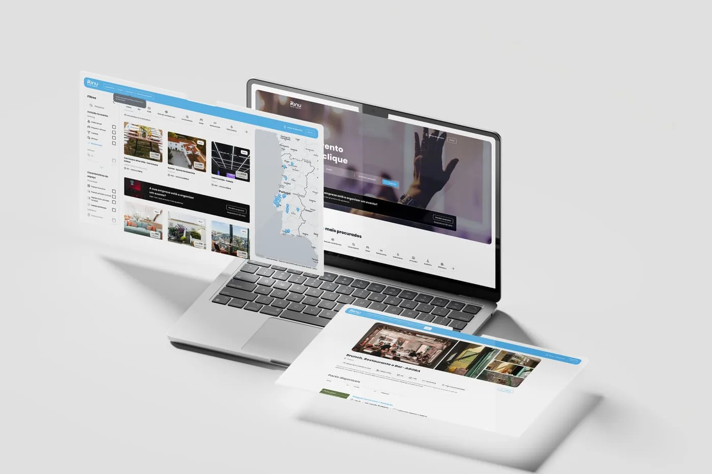 Interfaces da plataforma RINU apresentadas em vários ecrãs