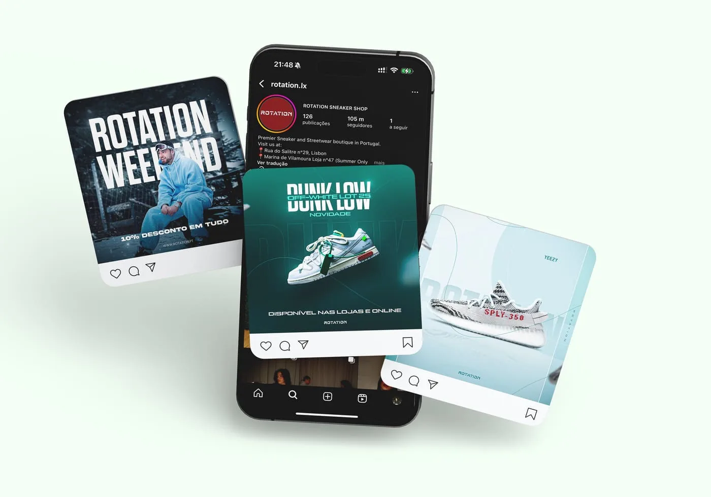 Mockups de conteúdos para redes sociais propostos para a Rotation Sneaker Shop