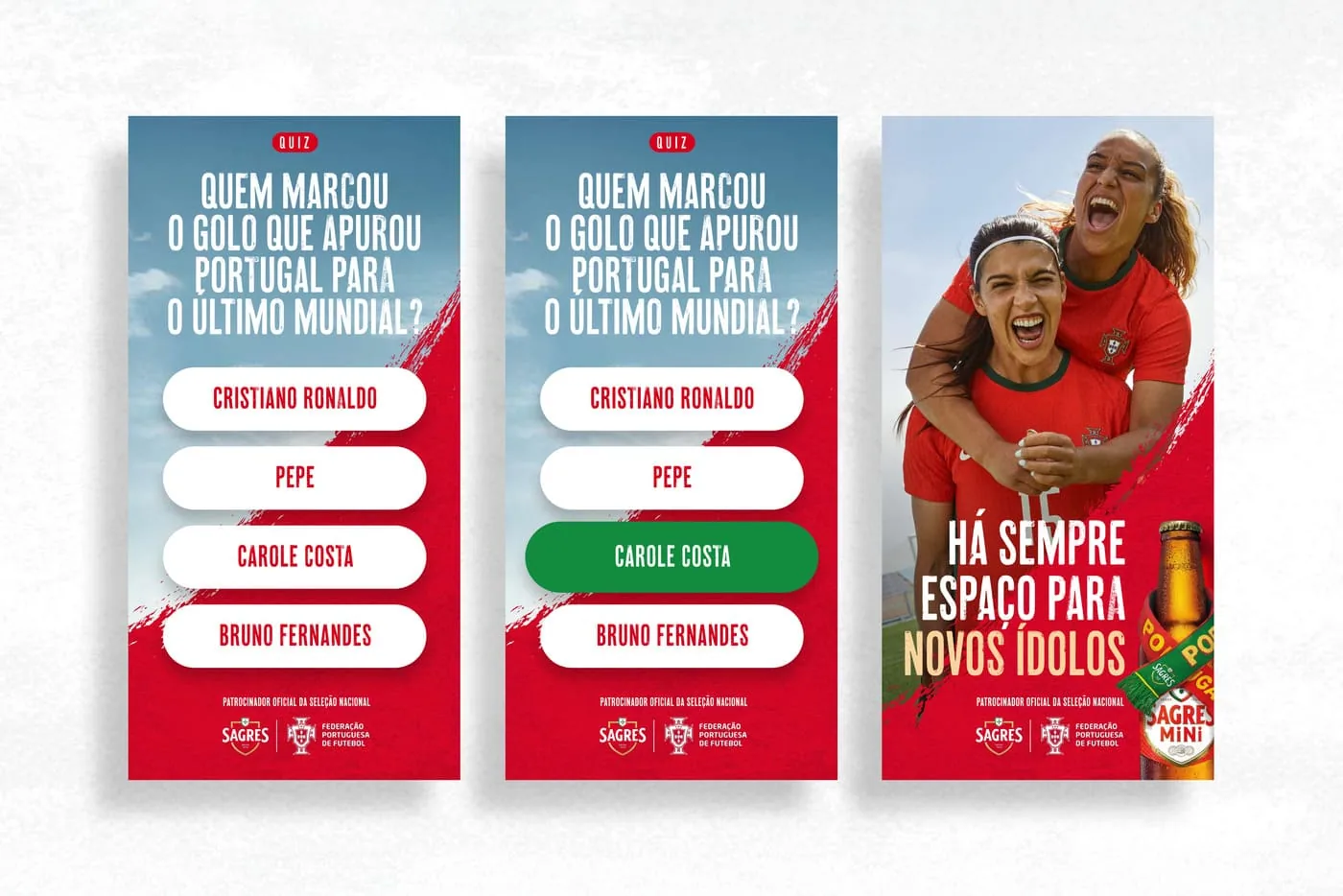 Anúncios interativos da campanha Sagres, com quiz sobre futebol
